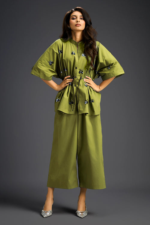 Green Hand Embroidered Cotton Co-ord Set