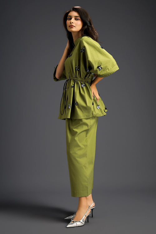 Green Hand Embroidered Cotton Co-ord Set