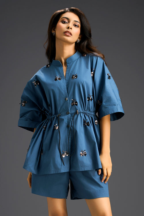 Butterfly Motifs Blue Cotton Co-ord Set