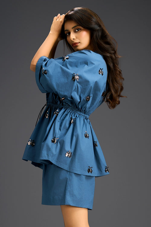 Butterfly Motifs Blue Cotton Co-ord Set