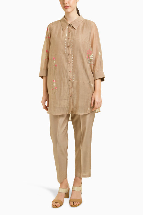 Beige Chanderi Shirt with Straight Pant