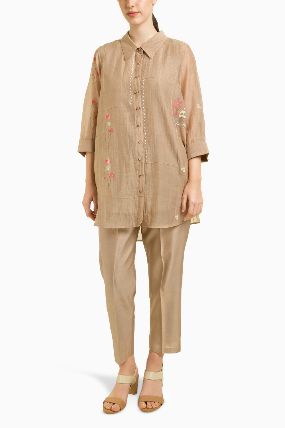 Beige Chanderi Shirt with Straight Pant