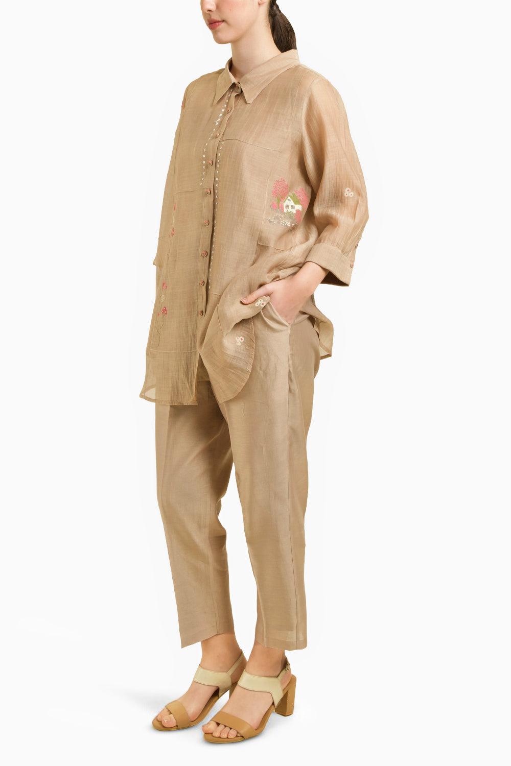 Beige Chanderi Shirt with Straight Pant