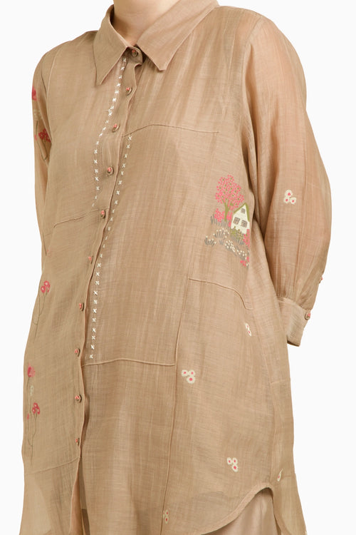 Beige Chanderi Shirt with Straight Pant