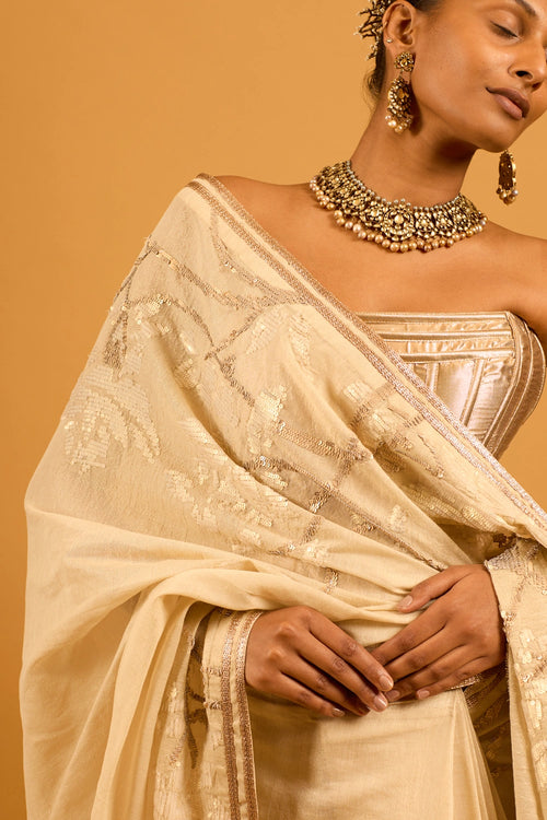 Trifecta Beige Sequin Saree