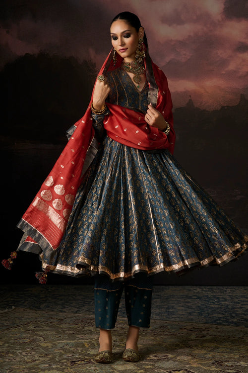 Sufia Teal Deep Red Kurta Set
