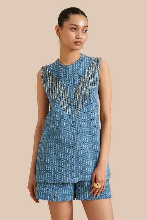 Medium Blue Denim Lazercut Buttoned Shacket And Shorts Set