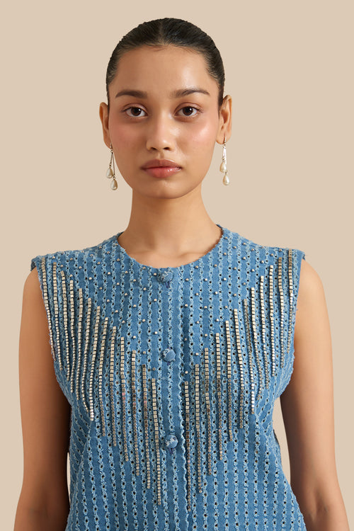 Medium Blue Denim Lazercut Buttoned Shacket And Shorts Set