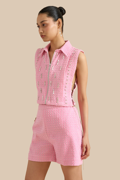 Pink Denim Lazercut Bib And Shorts Set