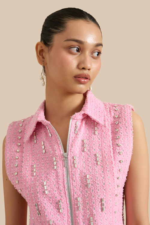 Pink Denim Lazercut Bib And Shorts Set