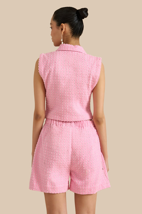 Pink Denim Lazercut Bib And Shorts Set