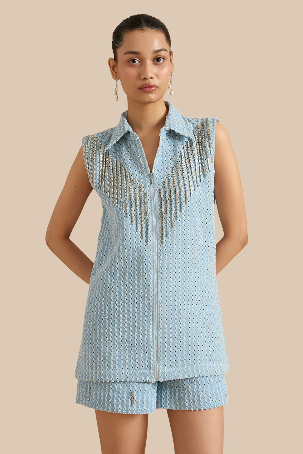 Light Blue Denim Lazercut Buttoned Shacket And Shorts Set