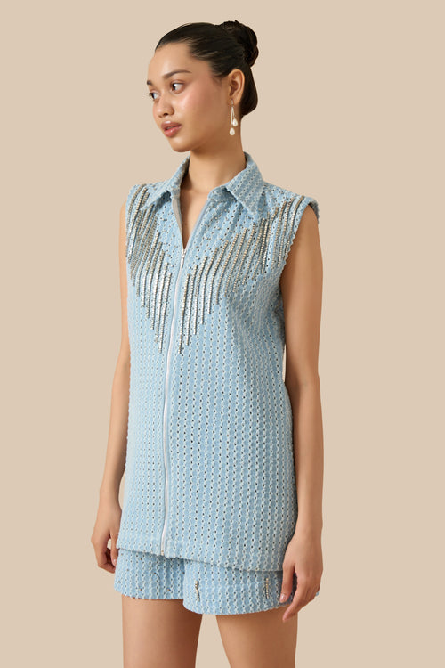Light Blue Denim Lazercut Buttoned Shacket And Shorts Set