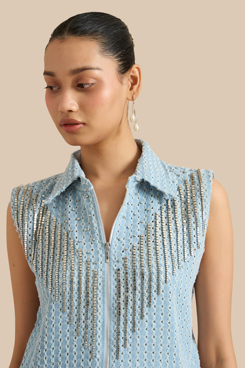 Light Blue Denim Lazercut Buttoned Shacket And Shorts Set