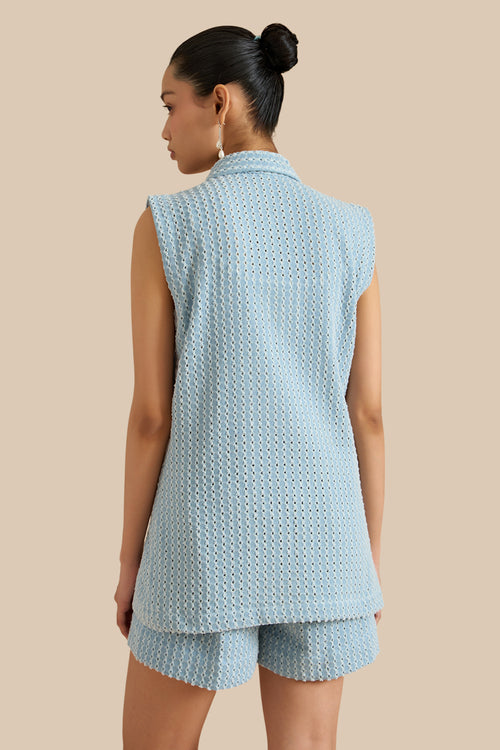 Light Blue Denim Lazercut Buttoned Shacket And Shorts Set