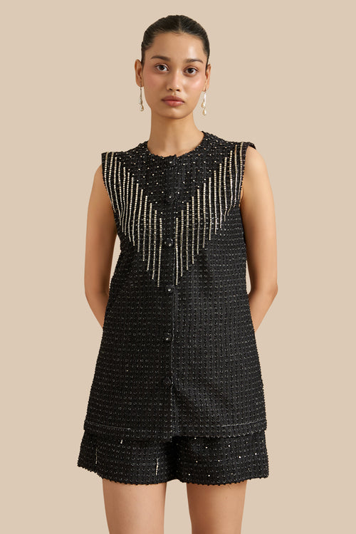 Black Denim Lazercut Buttoned Shacket And Shorts Set