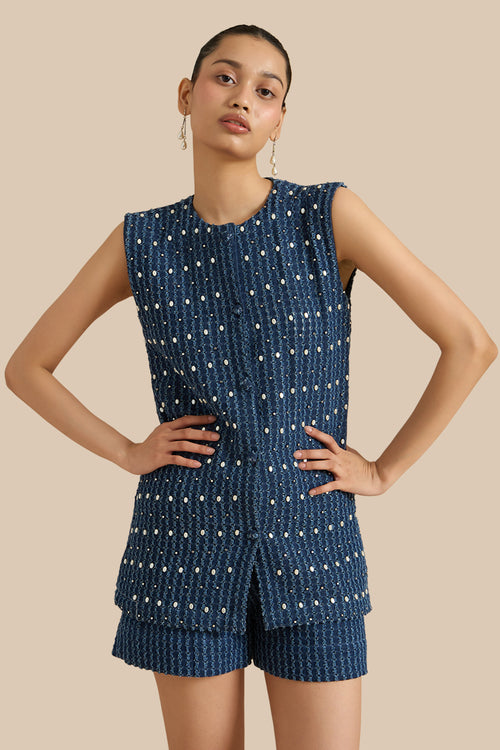 Dark Blue Denim Lazercut Shacket And Shorts Set
