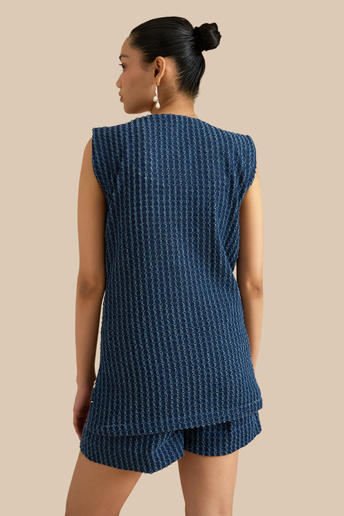 Dark Blue Denim Lazercut Shacket And Shorts Set