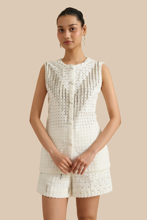 White Denim Lazercut Buttoned Shacket And Shorts Set