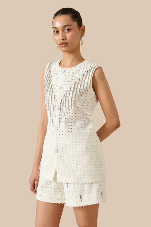 White Denim Lazercut Buttoned Shacket And Shorts Set