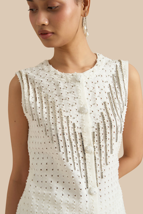 White Denim Lazercut Buttoned Shacket And Shorts Set