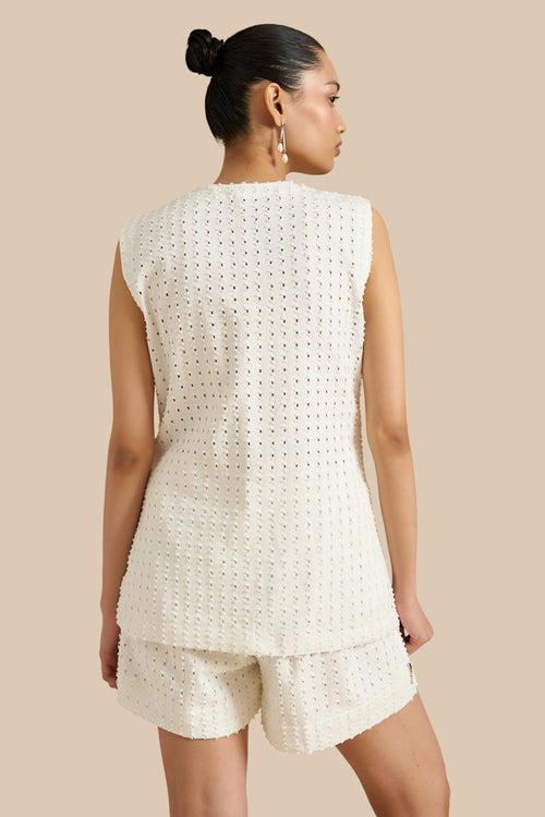 White Denim Lazercut Buttoned Shacket And Shorts Set