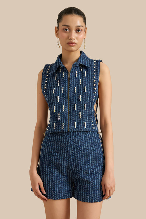 Dark Blue Denim Lazercut Bib And Shorts Set