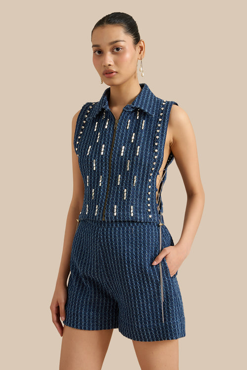Dark Blue Denim Lazercut Bib And Shorts Set