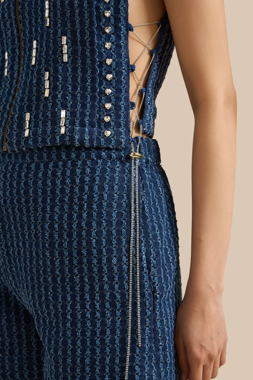 Dark Blue Denim Lazercut Bib And Shorts Set
