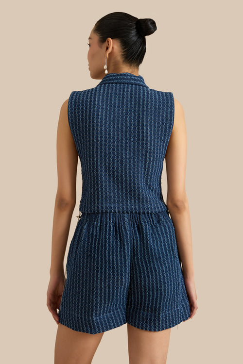 Dark Blue Denim Lazercut Bib And Shorts Set