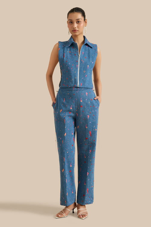 Blue Denim Embroidered Collar Pleat Bib And Pants Set