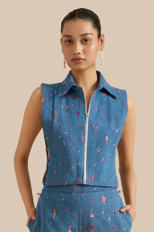 Blue Denim Embroidered Collar Pleat Bib