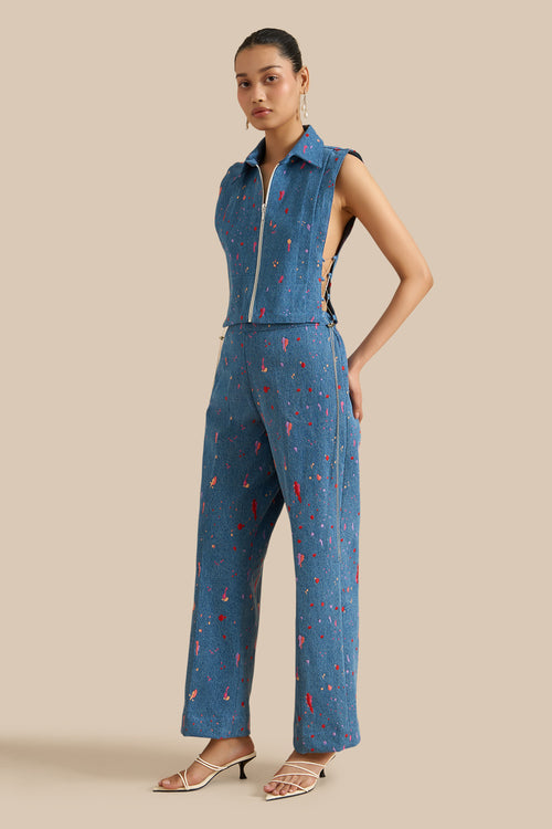 Blue Denim Embroidered Collar Pleat Bib And Pants Set