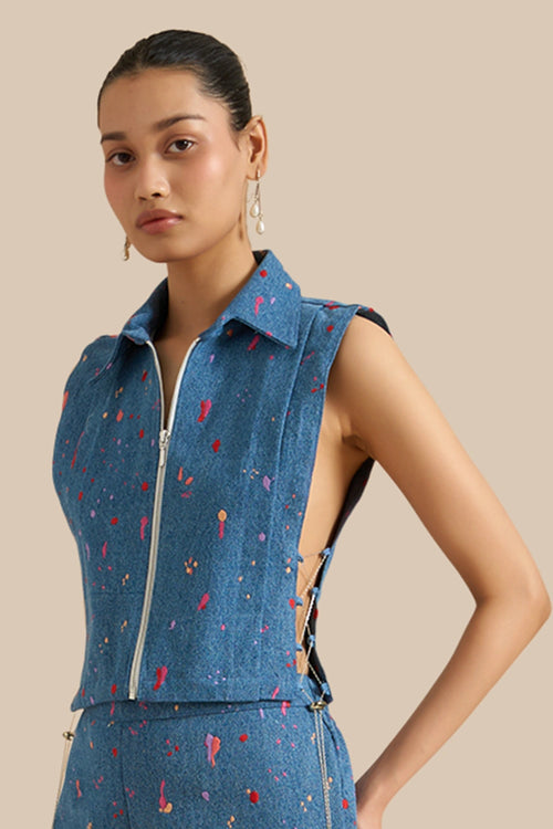 Blue Denim Embroidered Collar Pleat Bib