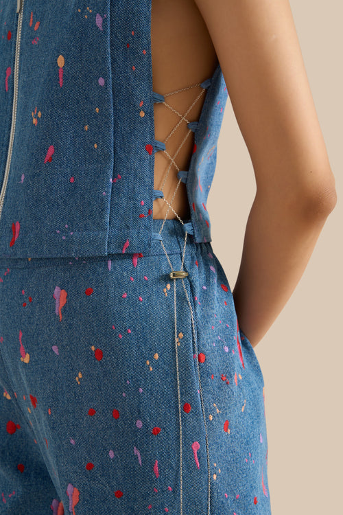Blue Denim Embroidered Collar Pleat Bib