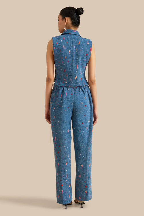 Blue Denim Embroidered Collar Pleat Bib And Pants Set