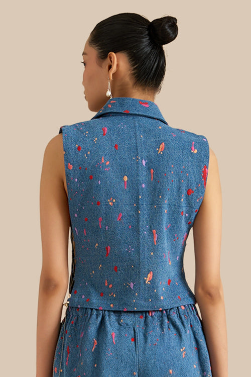 Blue Denim Embroidered Collar Pleat Bib