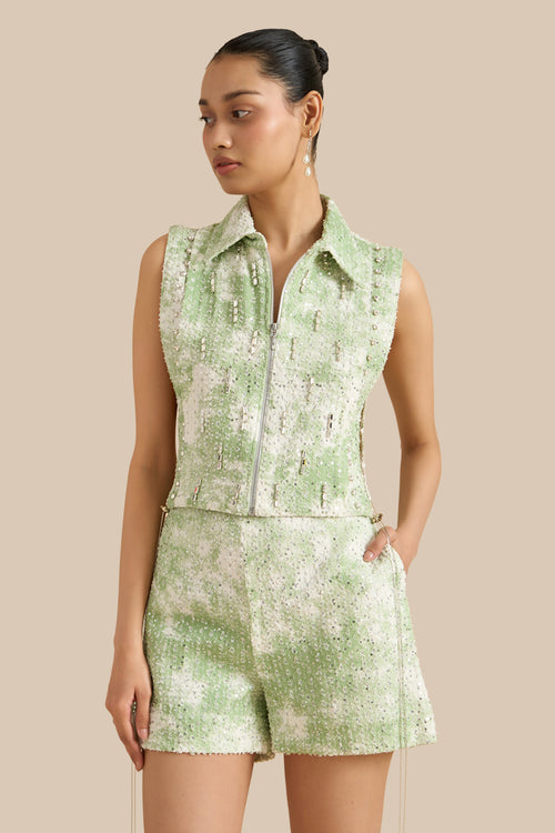 White Green Denim Marble Lazercut Bib And Shorts Set
