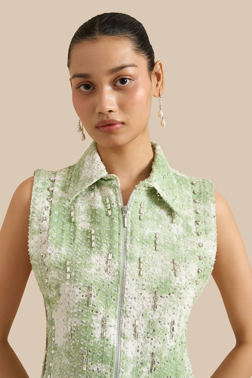 White Green Denim Marble Lazercut Bib And Shorts Set
