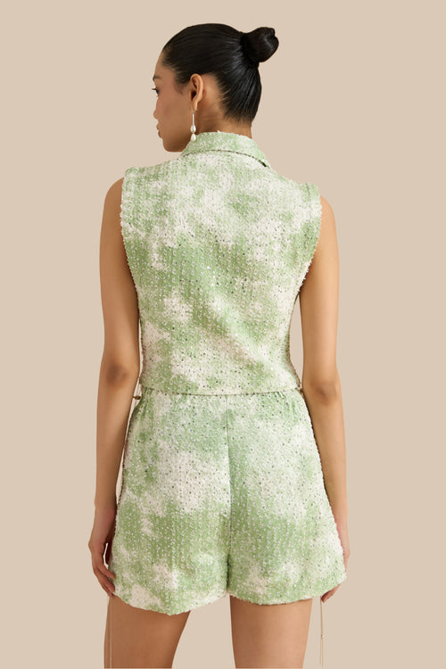 White Green Denim Marble Lazercut Bib And Shorts Set