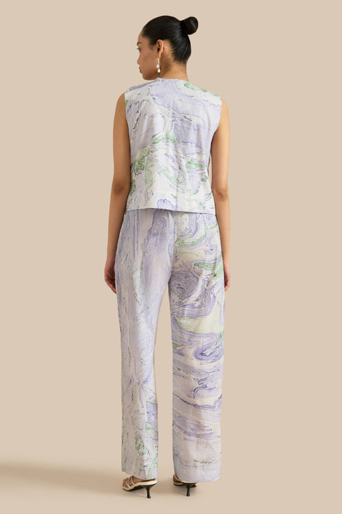 Blue Green Cotton Marble Waistcoat And Pants Set