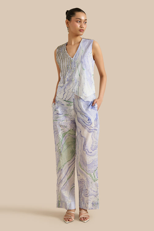 Blue Green Cotton Marble Waistcoat And Pants Set