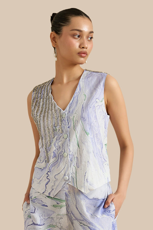 Blue Green Cotton Marble Waistcoat
