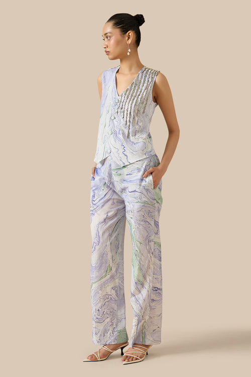 Blue Green Cotton Marble Waistcoat And Pants Set