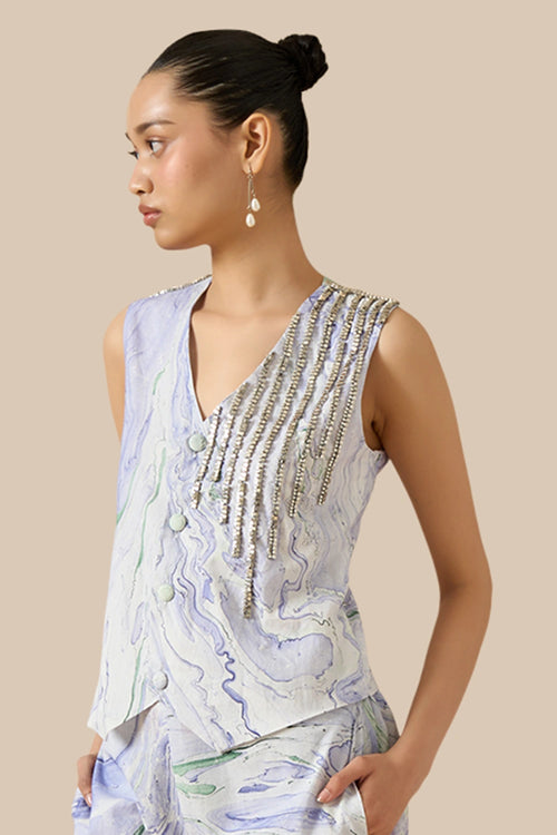 Blue Green Cotton Marble Waistcoat