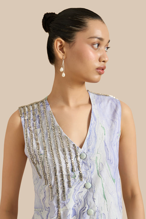 Blue Green Cotton Marble Waistcoat And Pants Set