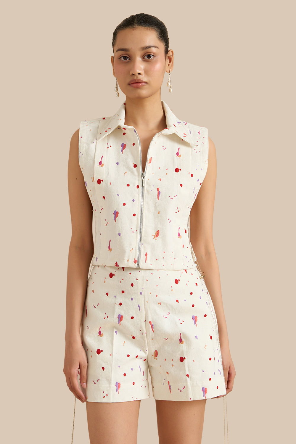 White Denim Embroidered Collar Pleat Bib