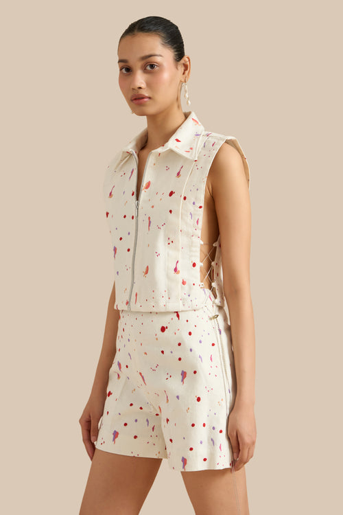 White Denim Embroidered Collar Pleat Bib And Shorts Set