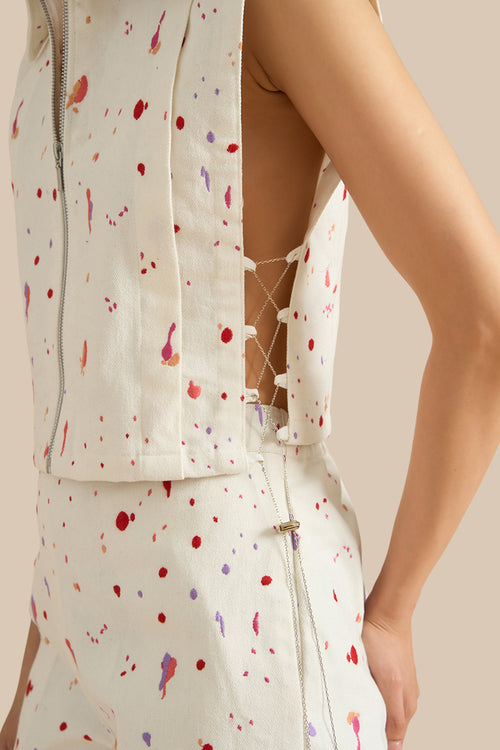 White Denim Embroidered Collar Pleat Bib And Shorts Set