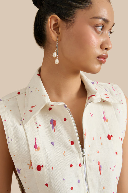 White Denim Embroidered Collar Pleat Bib And Shorts Set